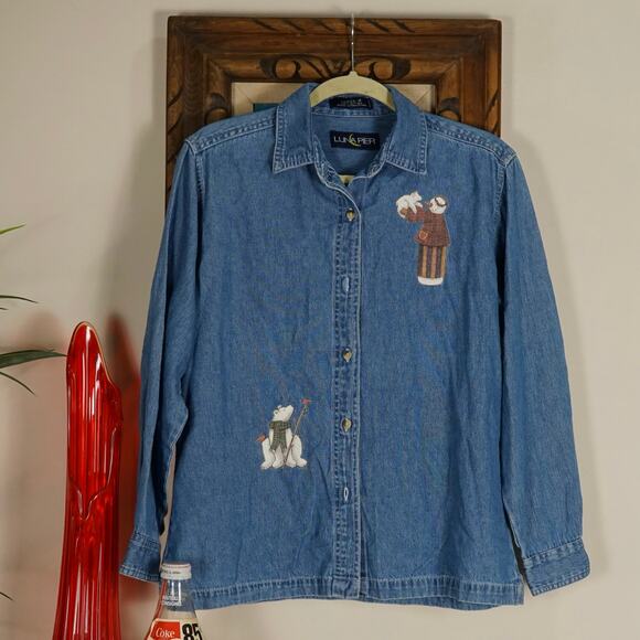 Vintage 90s Luna Pier denim chambray christmas motif button up M - Picture 1 of 5